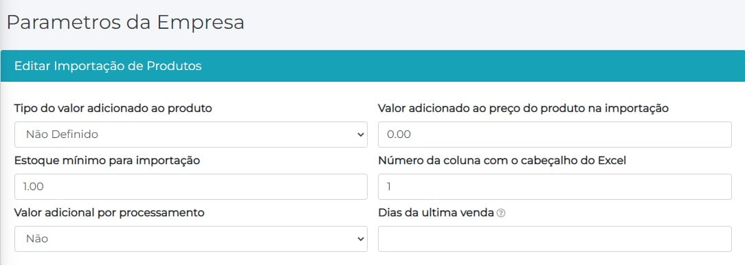 parâmetro para a importação de preços