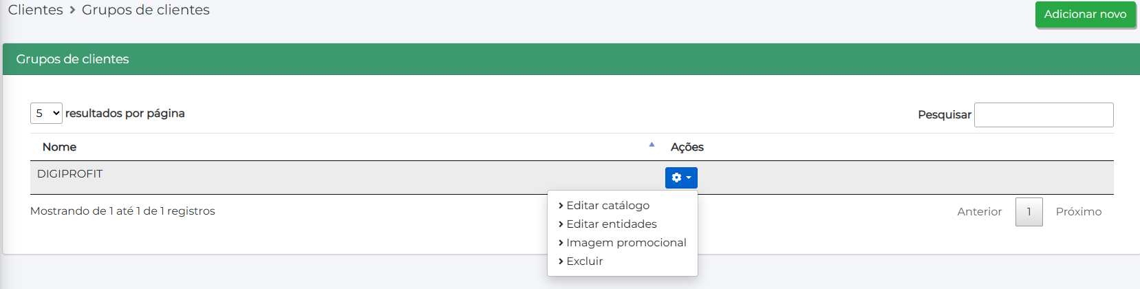 Cadastro de grupo de clientes (cluster)