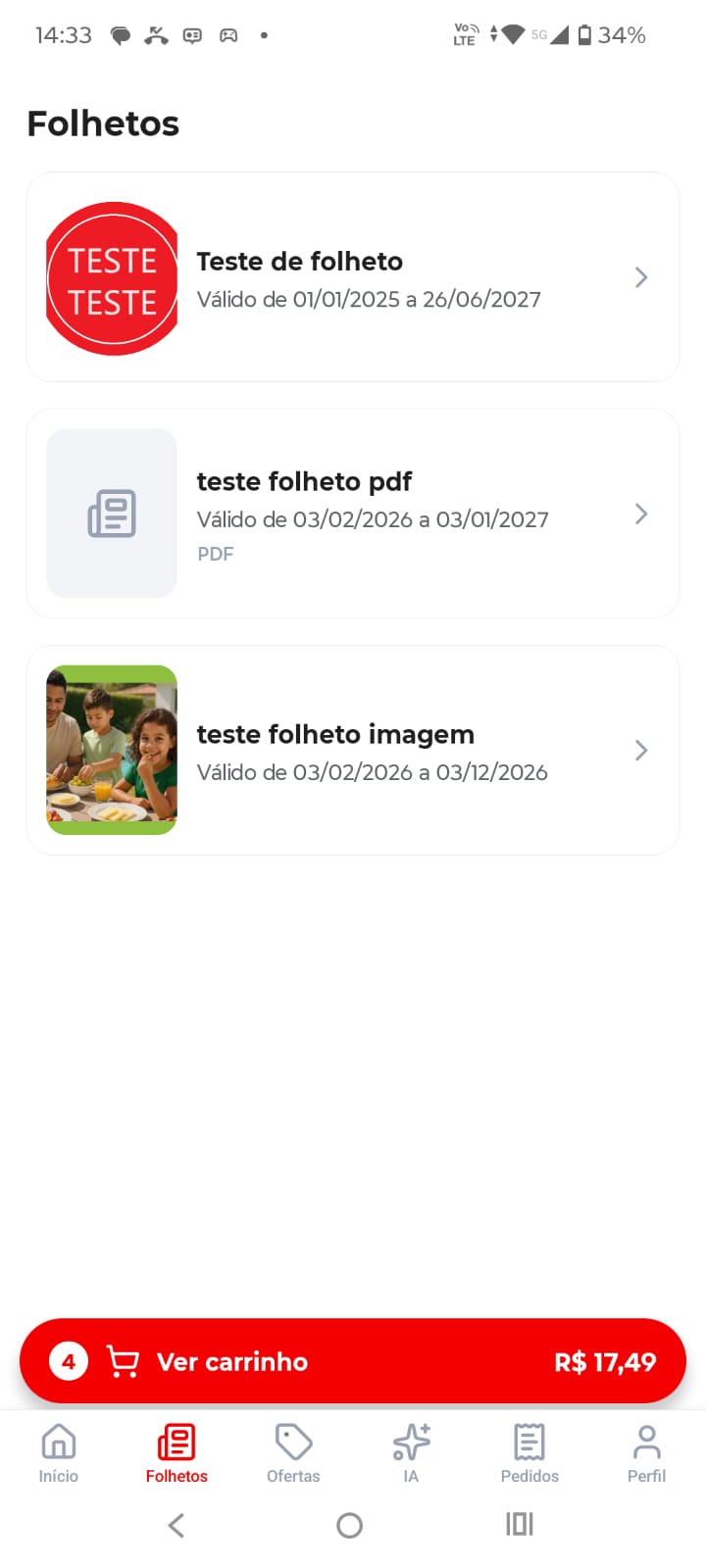 Tela de Folhetos do aplicativo