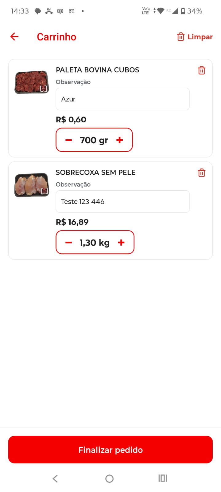 Carrinho com observação por produto e venda por peso