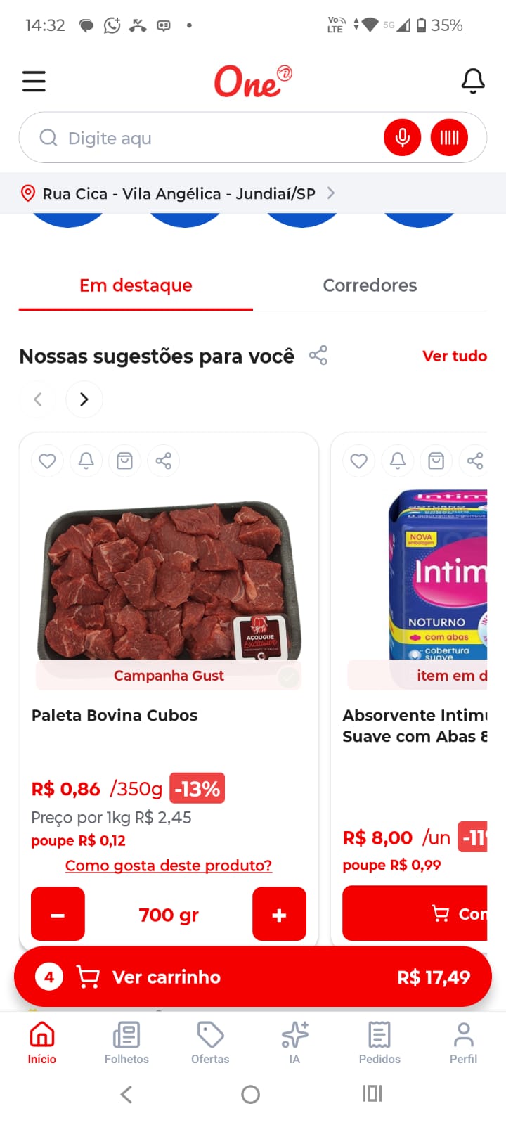 Aba Em destaque com sugestões de produtos