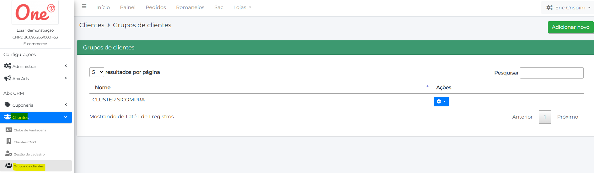 Tela Grupos de clientes no Orquestrador