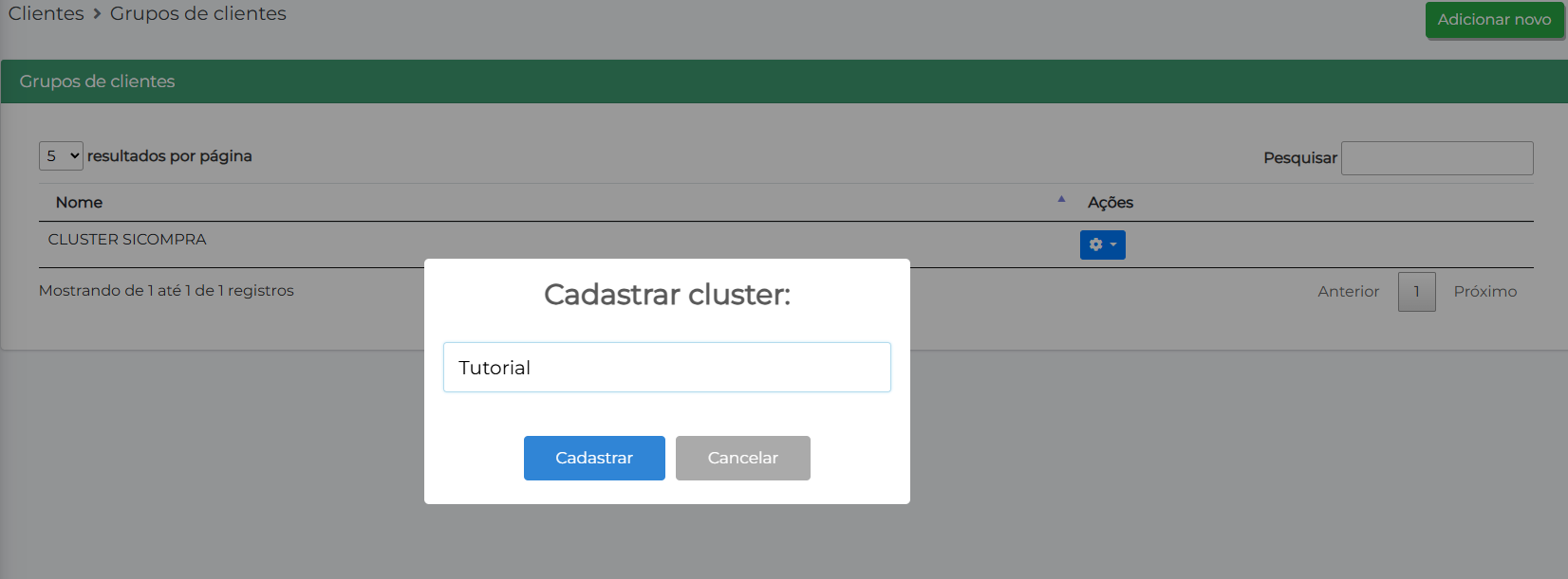 Janela Cadastrar cluster