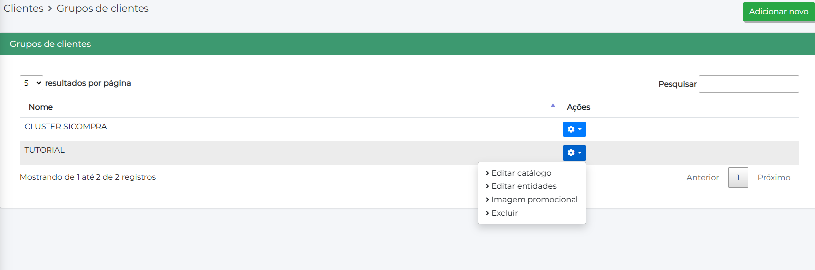 Menu de ações do grupo de clientes
