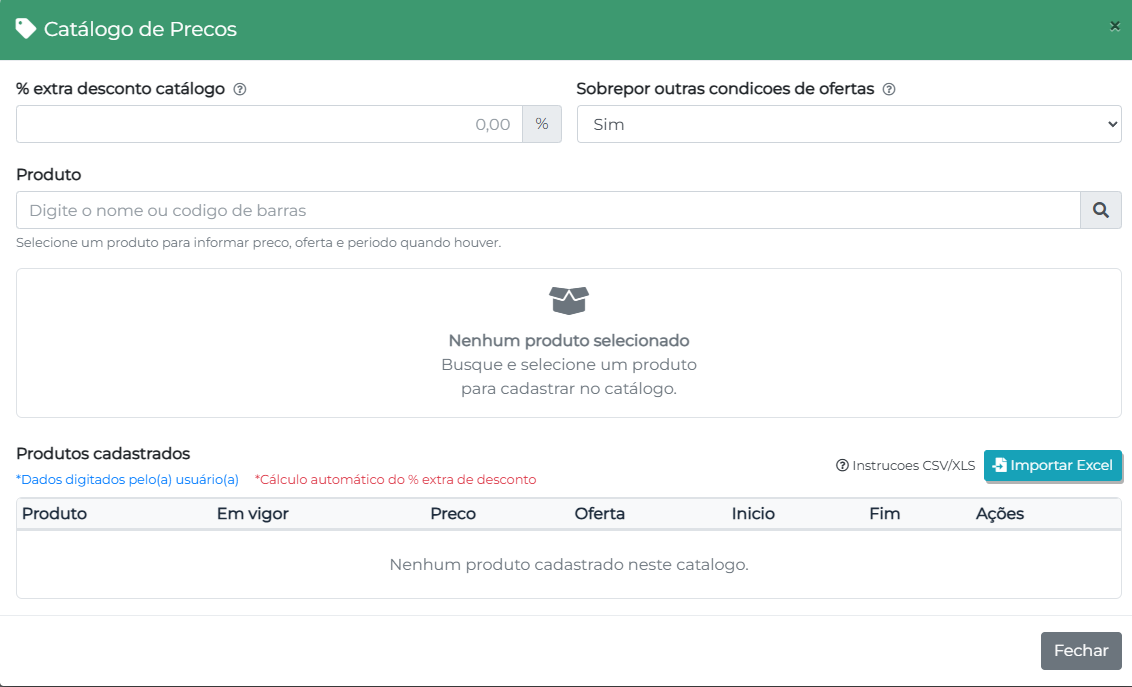 Tela Catálogo de Preços do grupo