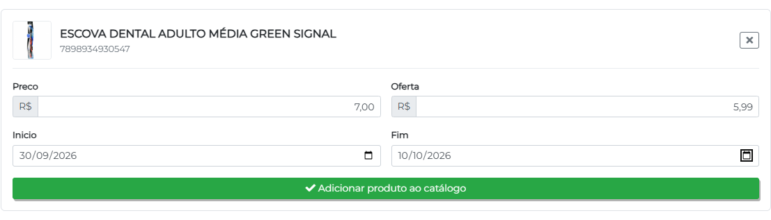 Preço, oferta e período do produto no catálogo