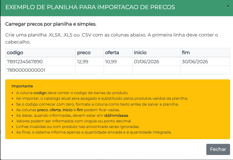 Exemplo de planilha para importação de preços