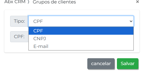 Opções de tipo CPF, CNPJ ou E-mail
