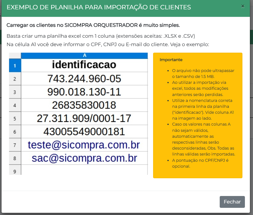 Exemplo de planilha para importação de clientes