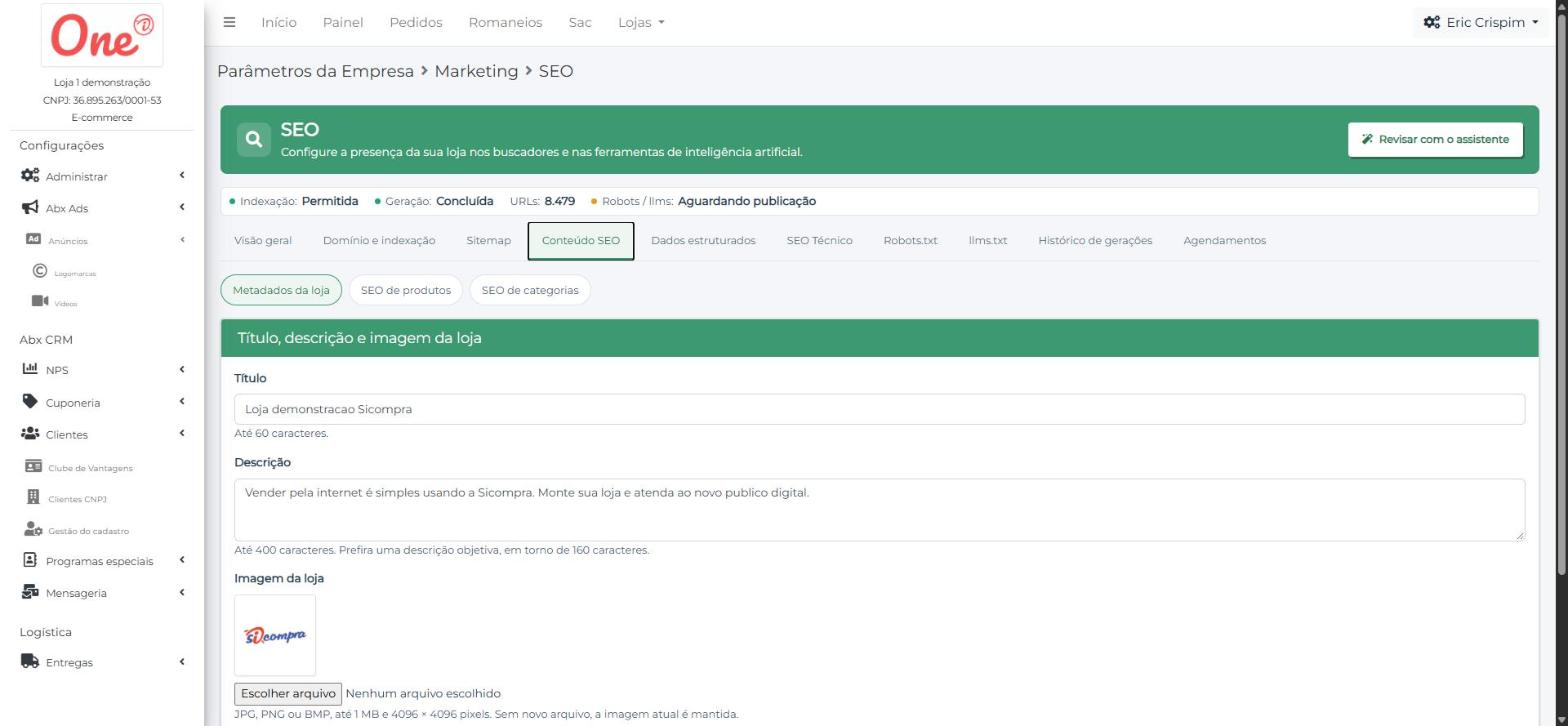 Aba Conteúdo SEO, metadados da loja